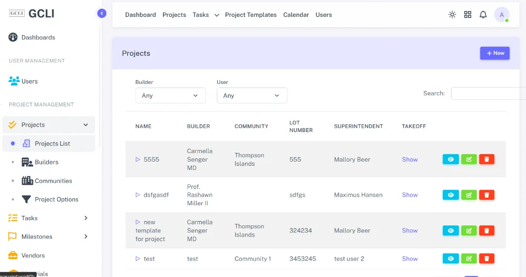 GCLI Projects List Dashboard