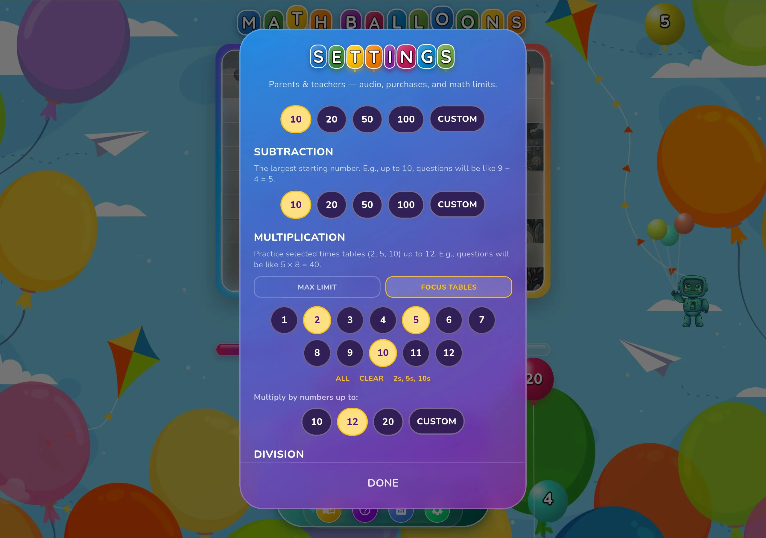 Math Balloons Robot Tablet Screenshot 3